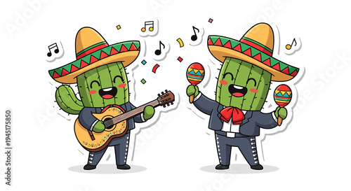 Cacti wearing sombreros playing music.