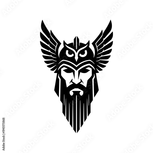 Viking warrior head logo with owl helmet and wings