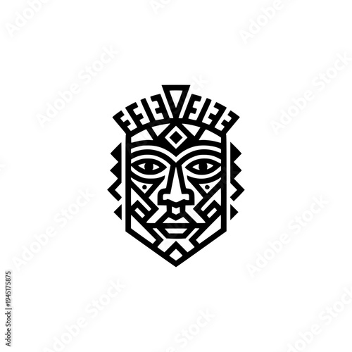 A symmetrical tribal mask illustration with intricate geometric line work.