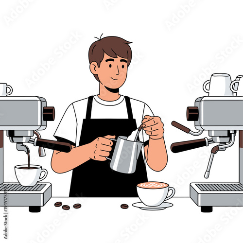 Barista making latte art with espresso machine, coffee shop scene, skilled coffee preparation