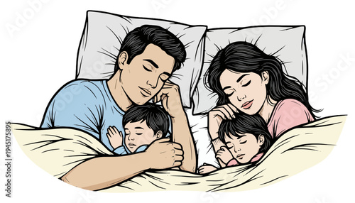 Family sleeping peacefully together in bed at night