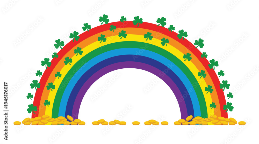 Naklejka premium Rainbow and Pot of Gold illustration with Shamrocks for St