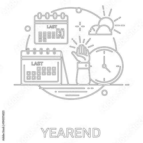 Minimal line year end concept with calendar clock and hand line minimal