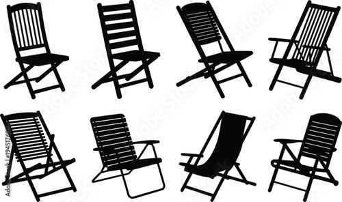 Assortment of Black Silhouettes of Folding Deck Chairs and Loungers on White Background folding chair