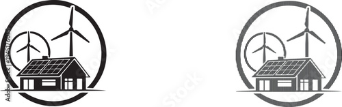 Sustainable home illustration featuring solar panels and wind turbines