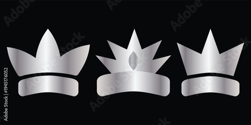 Silver crown icons set, metallic royal headwear vector for logo and awards