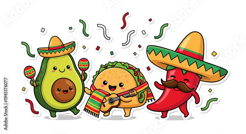 Cartoon Avocado Taco and Hot Pepper.