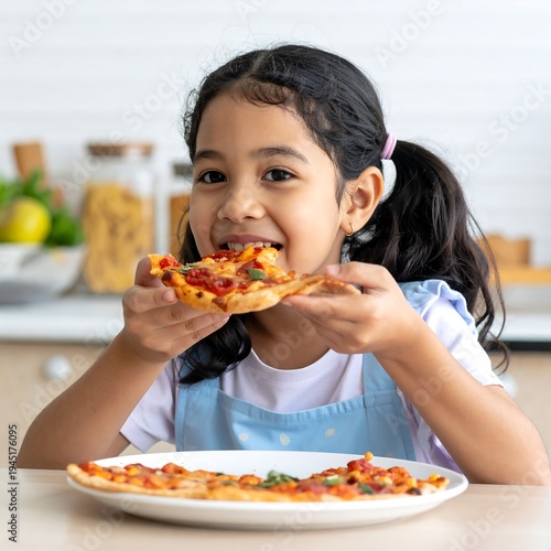 Young girl joyfully eats a slice of pizza, smiling with delight. Plate of pizza sits on a table in the background