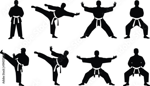 Collection of Black Silhouettes of Martial Artists Performing Karate Moves on White Background martial arts