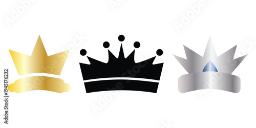 Set of Luxury Crown Logo Templates in Black, Gold, and Silver - Minimalist Royal Icons for Premium Branding