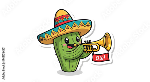 Cactus wearing sombrero playing trumpet.
