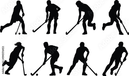 Diverse Silhouettes of Field Hockey Players in Action on a White Background sport athlete