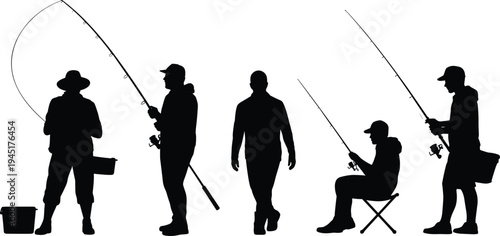 Five Black Silhouettes of Fishermen with Fishing Rods and Gear on White Background Keywords: fishing, fisherman, angler, rod, reel, fishing rod, fishing pole, tackle, lure, bait, fish