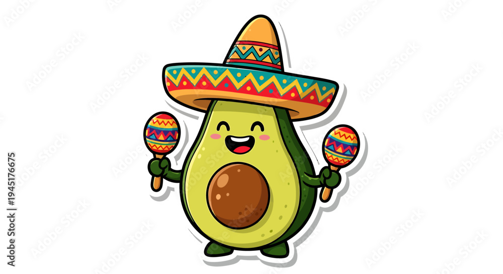 Fototapeta premium Cartoon Avocado Wearing Sombrero Maracas.