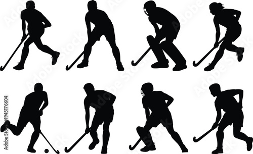 Set of black silhouettes of field hockey players in action poses on a white background athlete