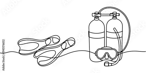 Scuba Diving Equipment Continuous One Line Drawing Diving Gear Illustration