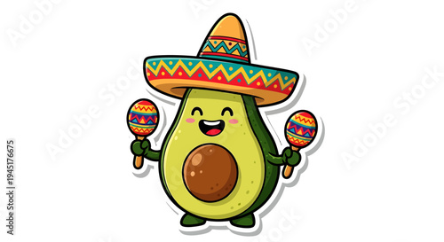 Cartoon Avocado Wearing Sombrero Maracas.