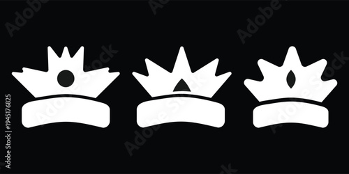 Minimalist Crown Icon Set, Luxury King and Queen Vector Logos, Royal Headwear Symbols Isolated on Black