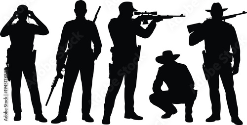Silhouettes of five men in various poses with firearms and binoculars group standing