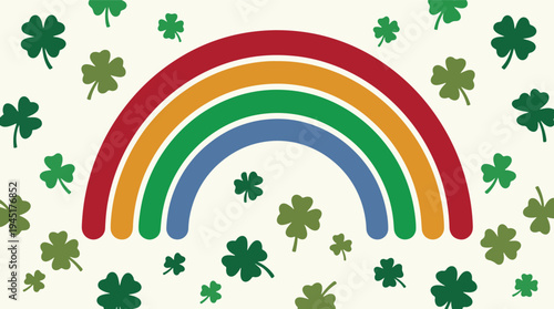 A vibrant rainbow arc with clover leaves scattered across a textured background, perfect for St