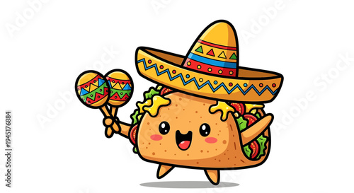 Cartoon Taco Wearing Sombrero Smiling.