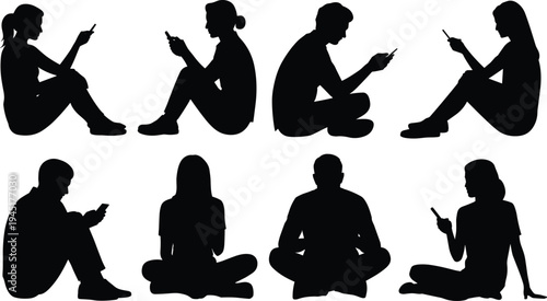 Silhouettes of People Sitting and Using Smartphones on a White Background person mobile phone