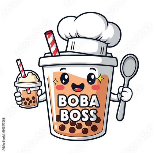 Funny Bubble Tea Character Boba Boss Cute Beverage Cartoon Vector