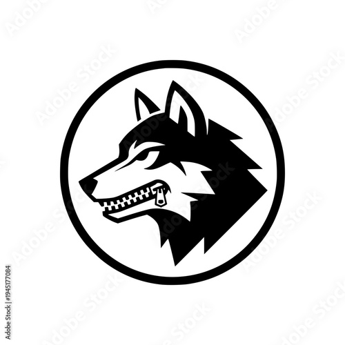 a wolf head profile inside a circle with a zipped mouth.