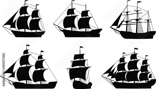 Six Black Silhouettes of Sailing Ships and Galleons on White Background Keywords: ship, sailing ship, galleon, boat, vessel, watercraft, maritime, nautical, ocean, sea, travel, adventure