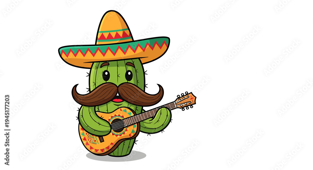 Obraz premium Cactus wearing sombrero plays guitar.