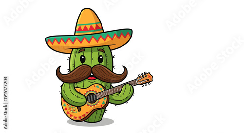 Cactus wearing sombrero plays guitar.