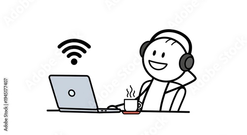 A stick figure wearing headphones, enjoying a cup of coffee while working on a laptop with a Wi-Fi signal.