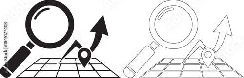 Magnifying glass over map grid shows location tracking growth vector