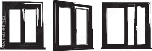 Various styles of modern black framed windows against a white background.