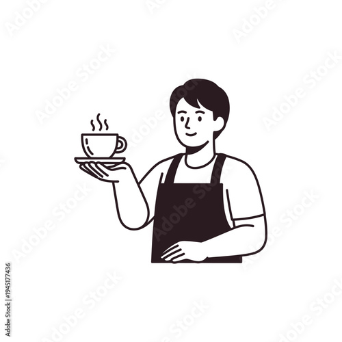 Barista Serving Hot Coffee Cup with Steam, Cafe Employee in Apron, Morning Brew