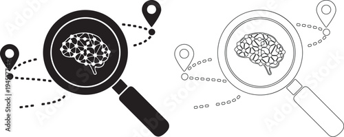 Magnifying glass examining brain network and idea location illustration.