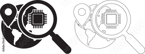 Global technology search illustration featuring a microchip and location.