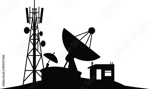satellite, dish, antenna, tower, communication, technology, telecom, signal, radar, station, silhouette, network, transmission, broadcast, wireless, infrastructure, telecom, equipment, vector, 