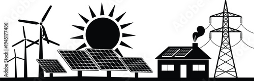 renewable, energy, solar, panels, wind, turbines, power, electricity, sun, house, grid, sustainable, technology, green, environment, silhouette, generation, eco, electricity, illustration