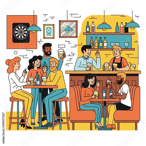 Friends enjoying drinks and socializing at a lively bar with darts and a dartboard