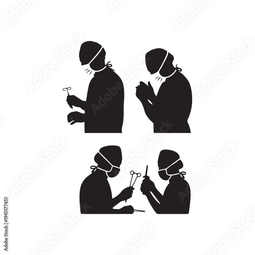 Silhouettes of surgeons in surgical attire holding instruments in preparation for operation on white background