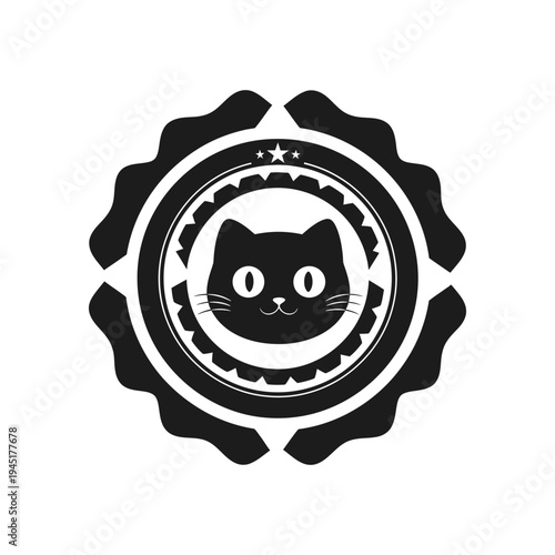 Black and white circular emblem featuring a cute cat head illustration in the center