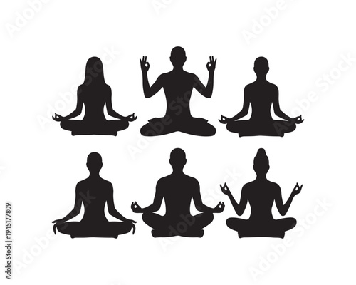 Meditation and Yoga Pose Silhouettes Set Showing Cross-Legged Mindfulness Practice