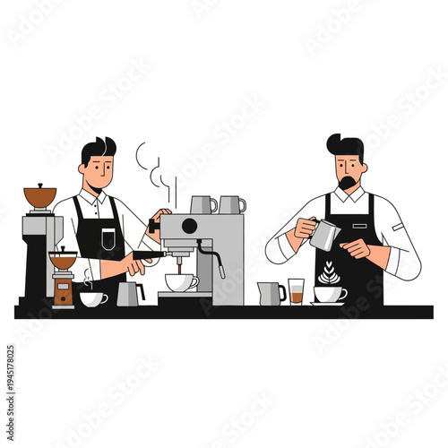 Baristas making coffee at a cafe counter with espresso machine and grinder