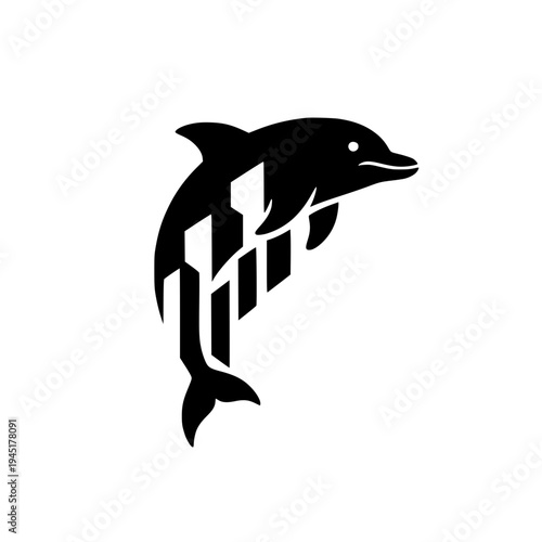 Creative logo design vector combining a jumping dolphin silhouette with an urban skyscraper skyline.