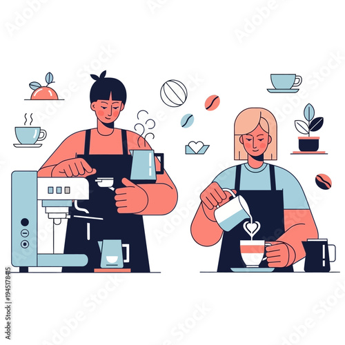 Baristas making coffee, latte art, coffee shop, espresso machine, cafe