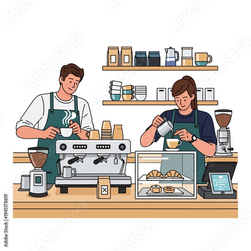 Baristas preparing coffee and pastries at a cafe counter with espresso machine and display case