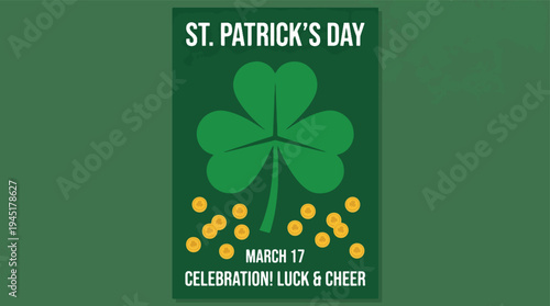 Vibrant St. Patrick's Day seamless pattern featuring golden horseshoes, lucky clovers, and shiny coins on a lush green background, symbolizing good fortune and celebration