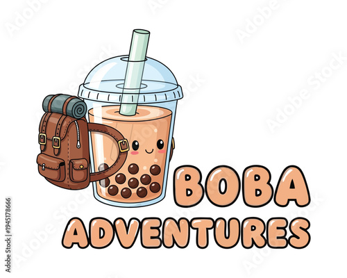Cute kawaii bubble tea character wearing a backpack for exciting boba adventures