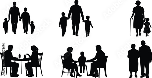 family, silhouettes, people, parents, children, couple, generation, walking, together, parenting, relationship, love, home, lifestyle, unity, community, black, vector, illustration, collection